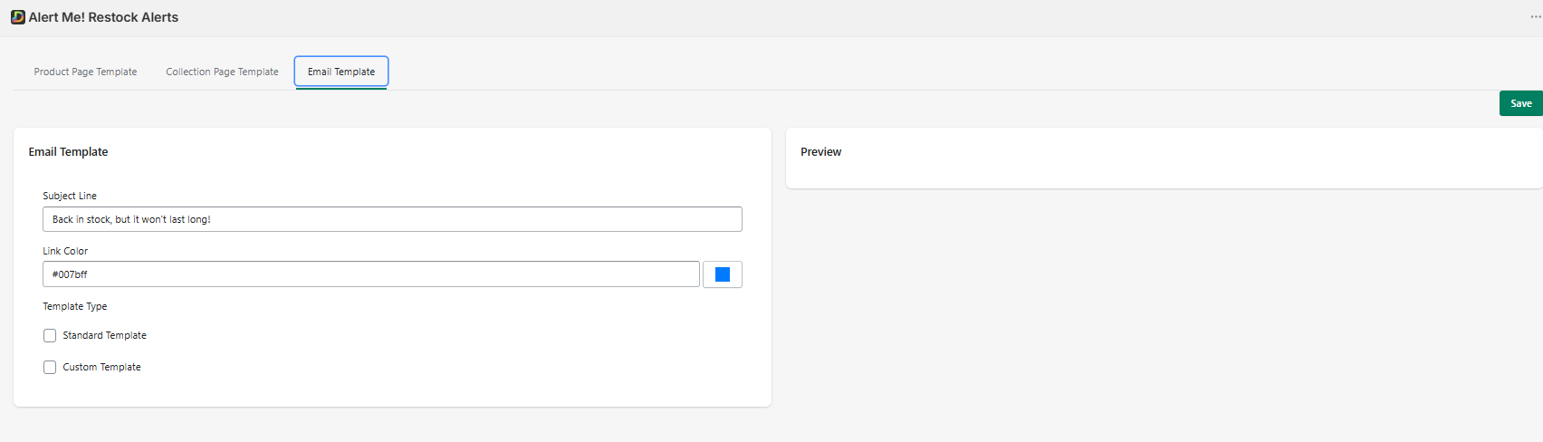 Alert Me! Restock Alerts email template settings showing subject line, link color, and template type options