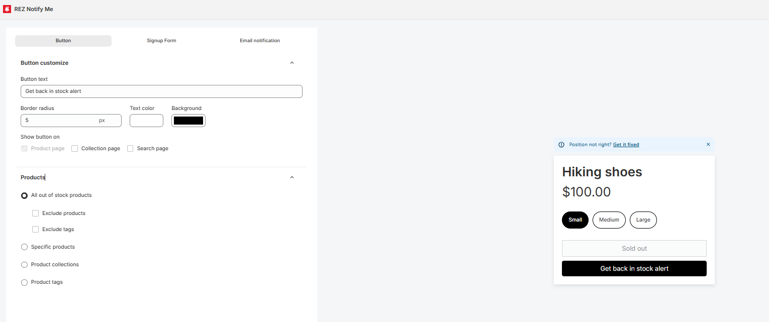 REZ Notify Me app interface showing button customization options and product preview for hiking shoes with back-in-stock aler
