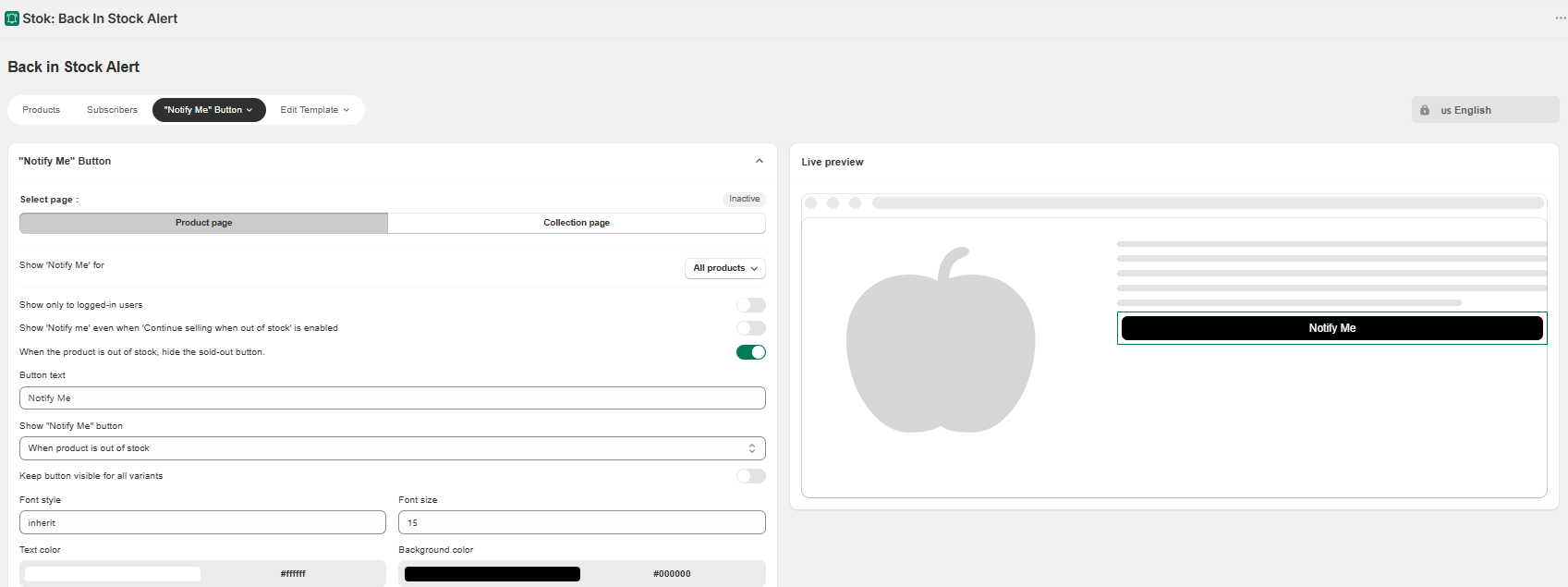 Stok app settings page showing