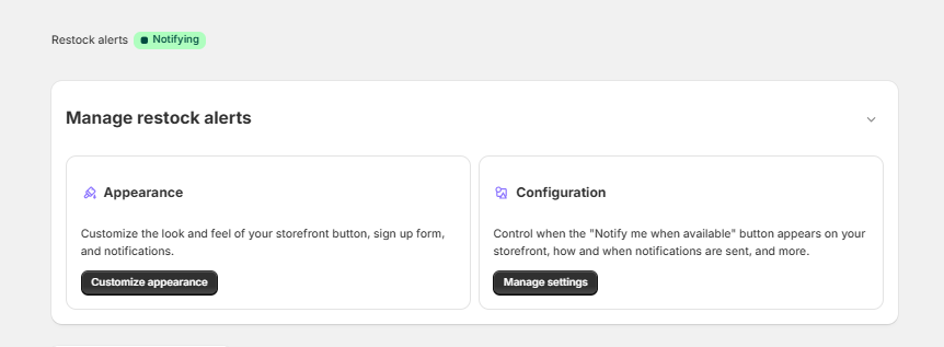 Manage restock alerts interface showing Appearance and Configuration options with their respective customization buttons