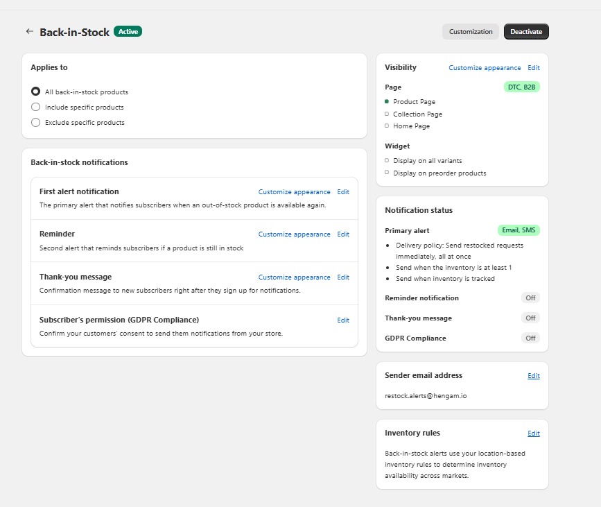 Back-in-Stock app settings page showing notification options, visibility controls, and inventory rules configuration