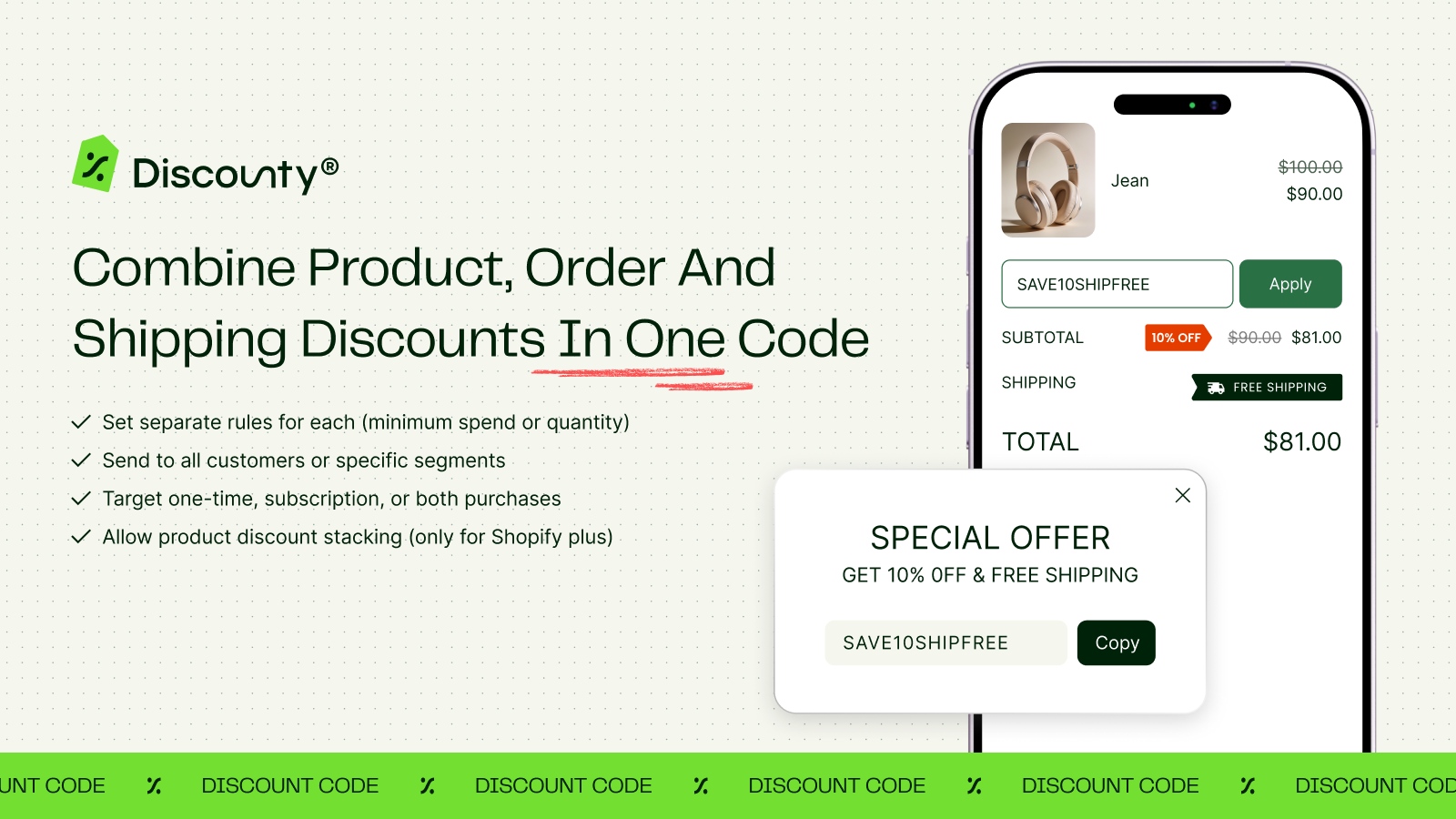 Discounty app banner with the Discounty logo: combine product, order and shipping discounts in one code, shown in a phone checkout