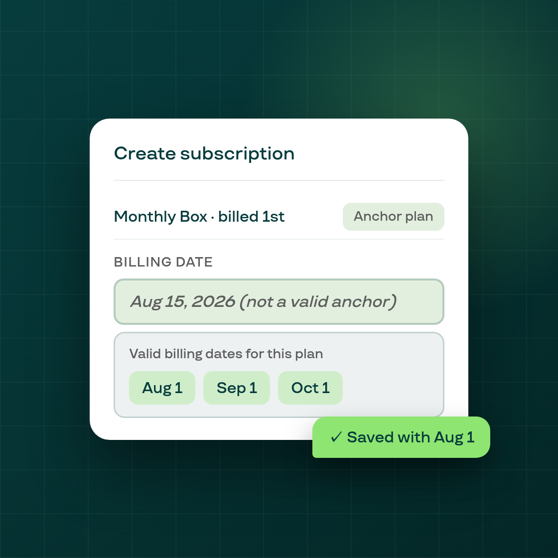 Manual subscription — billing date validated against plan anchors