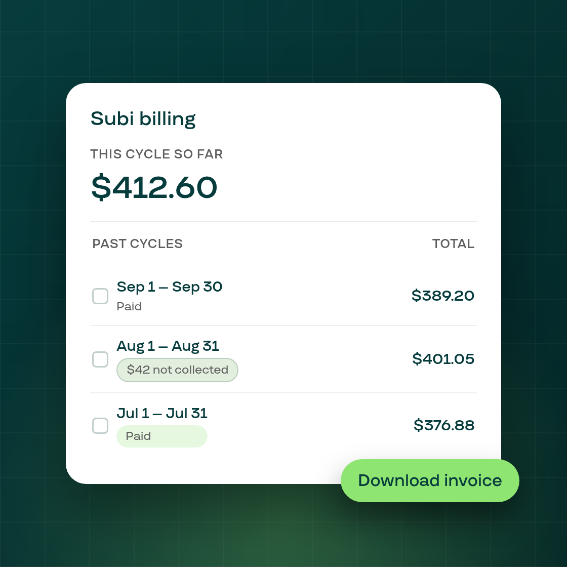 New: full cycle-by-cycle billing breakdown with invoices