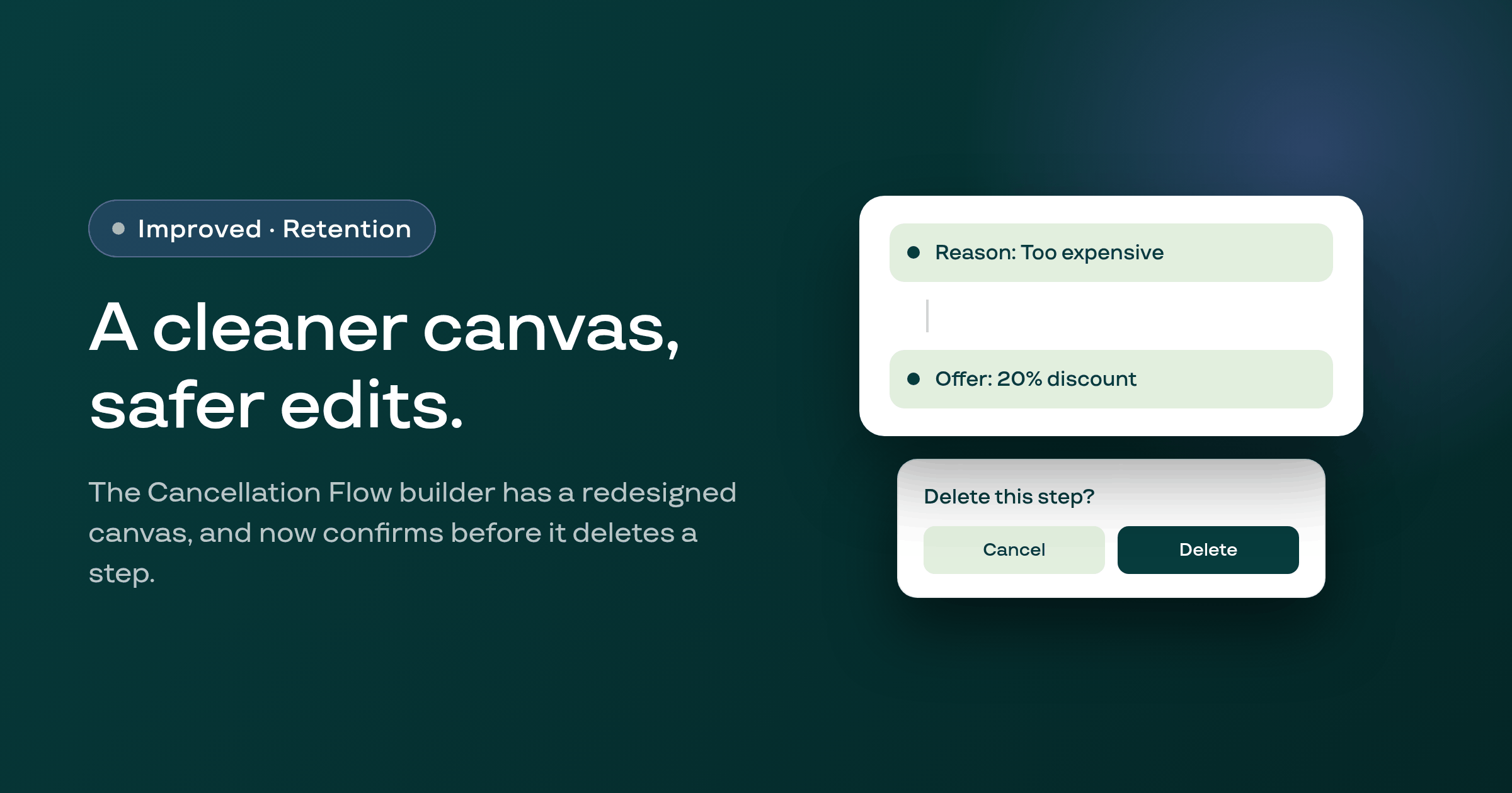 The cancellation flow builder gets a cleaner canvas and safer editing