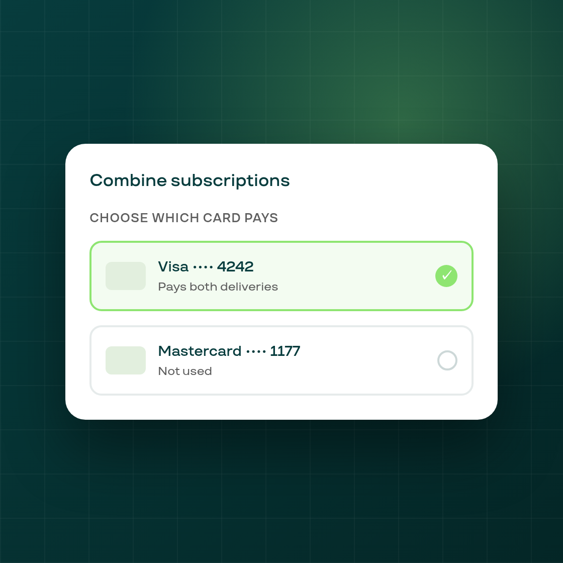 Combine subscriptions now shows which card pays, and lets subscribers choose