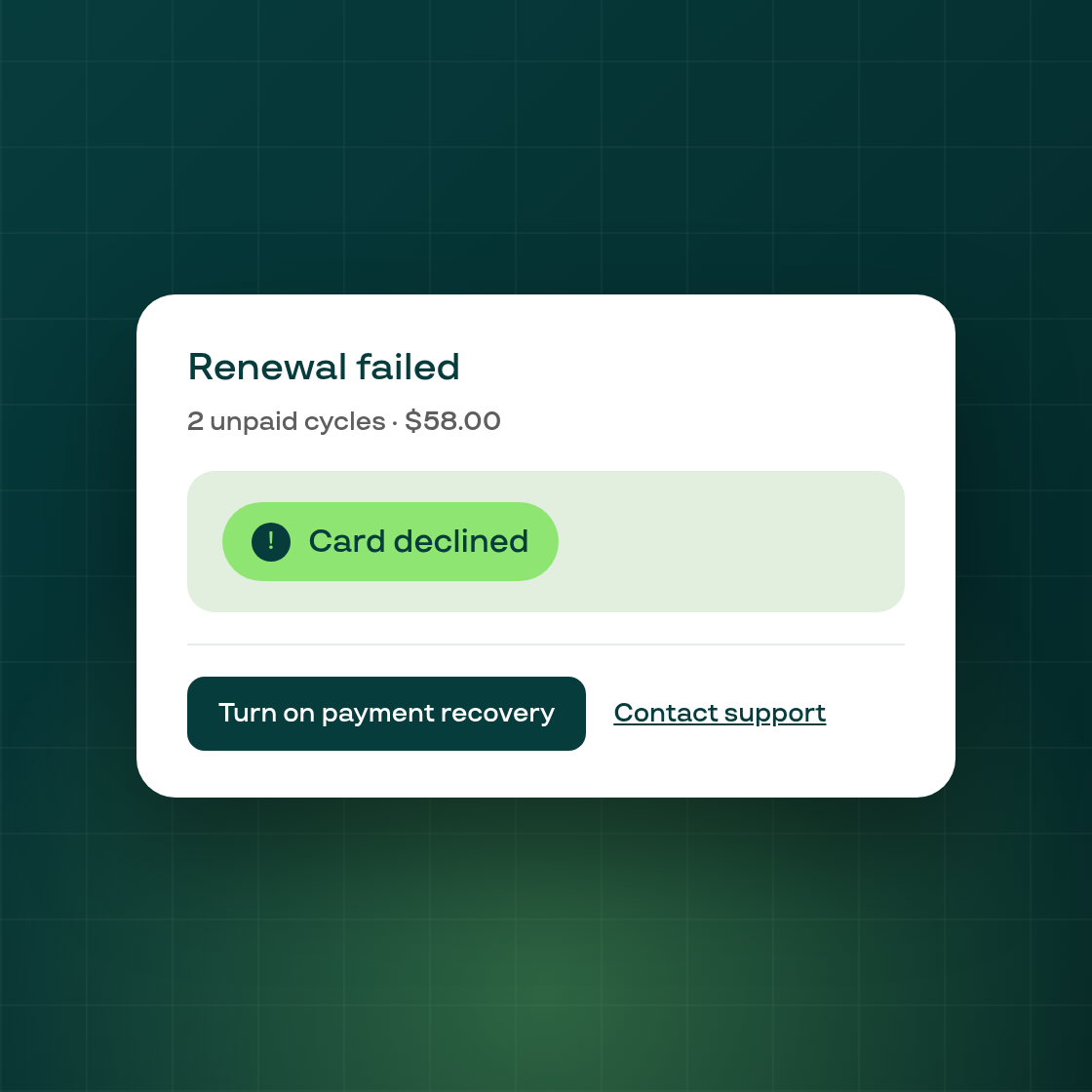 The payment-failure banner on a subscription now names the problem and offers a fix