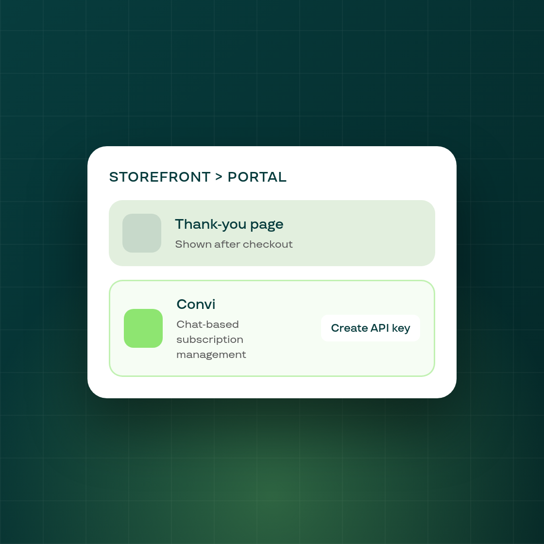 A Convi card now points to chat-based subscription management on the Portal page