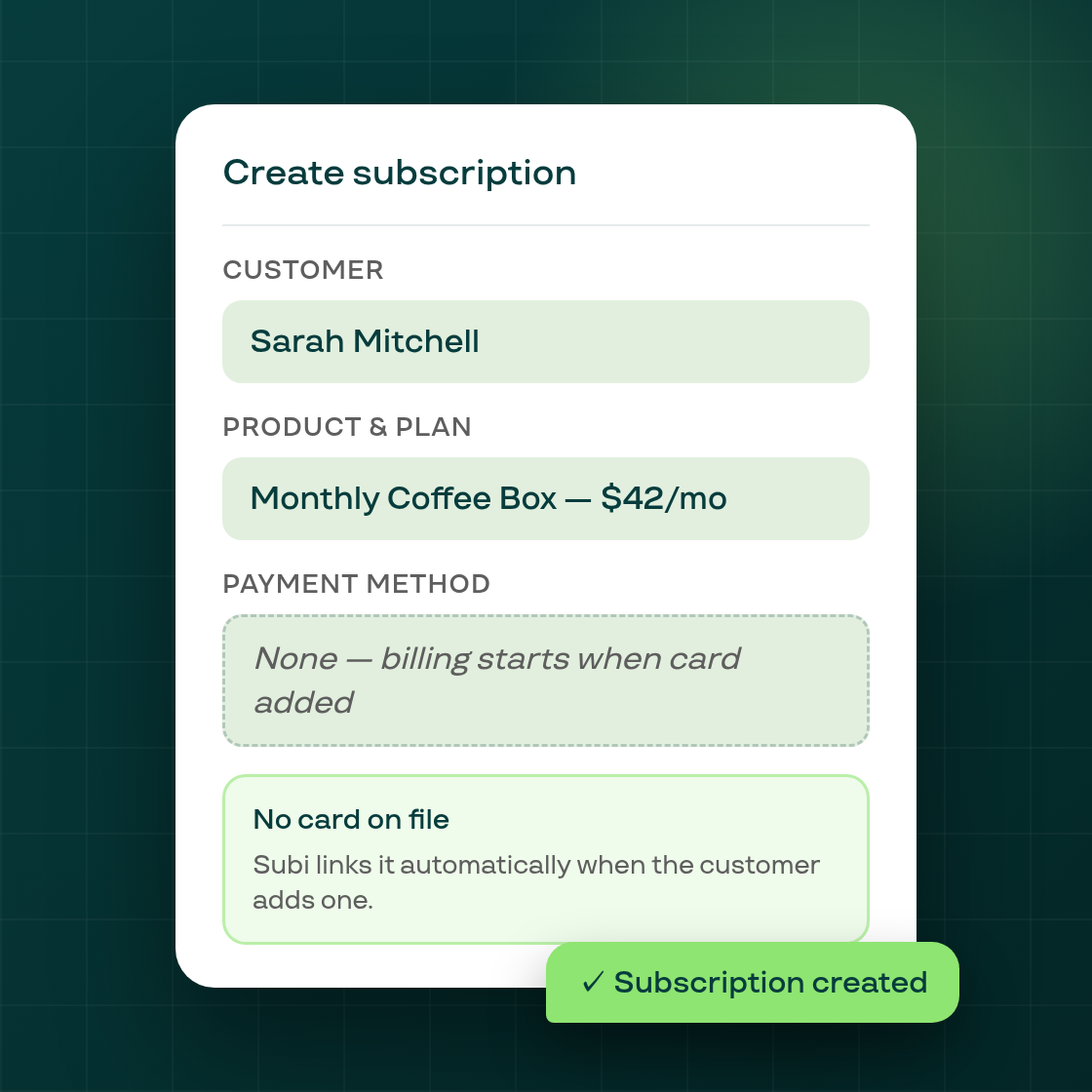 Create subscriptions — no payment method required