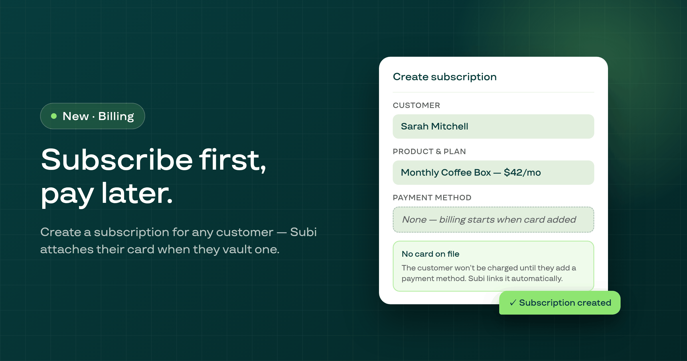 Manual subscription — create contracts without a payment method on file