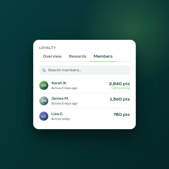 New: loyalty Members tab with per-customer balances