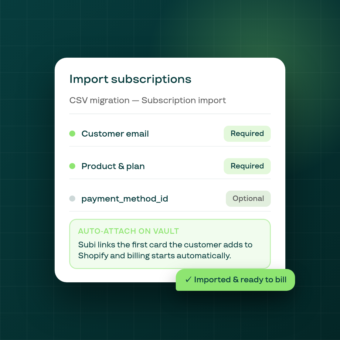 Subscription migration — import contracts without a payment method on file