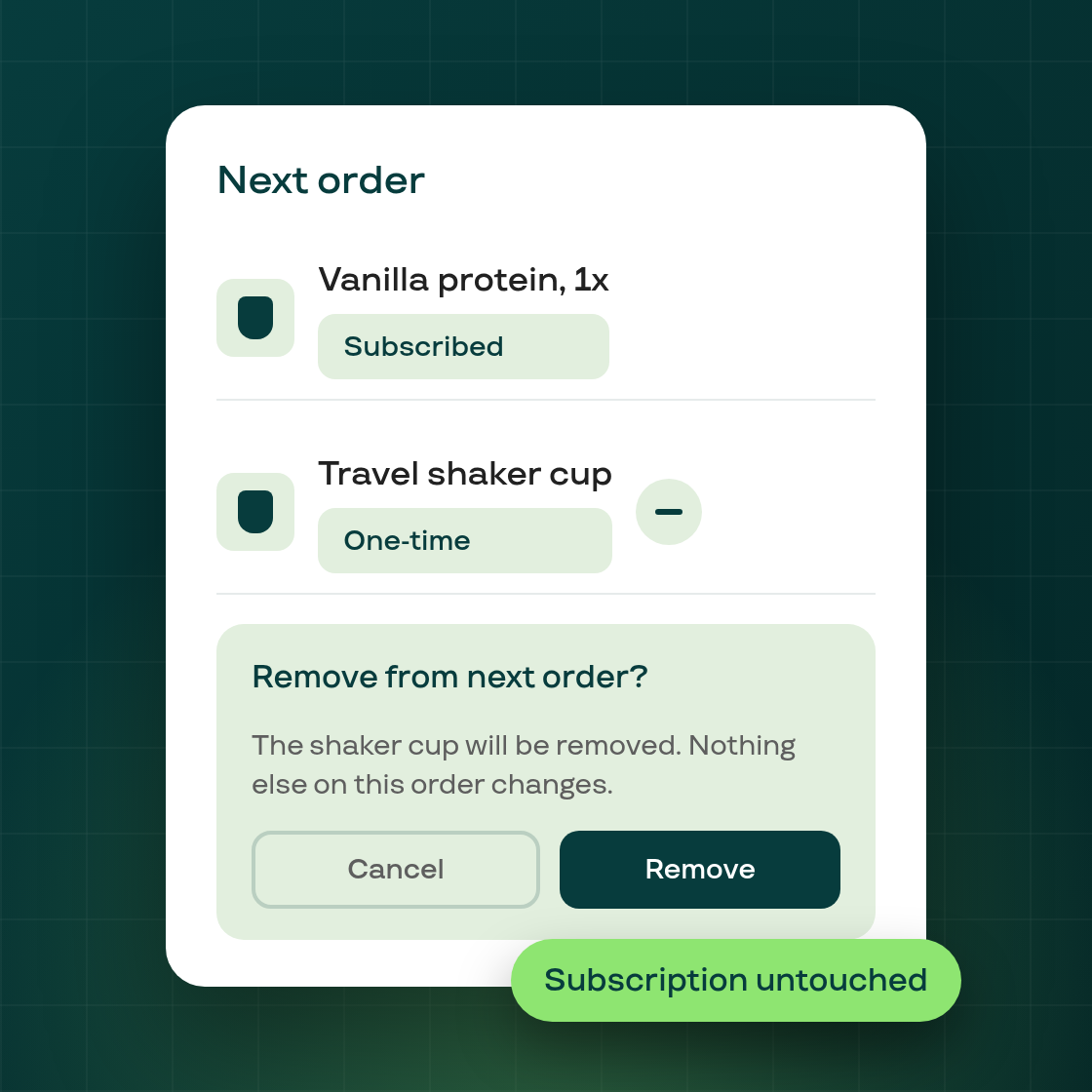 Remove a one-time item from a subscription's next order