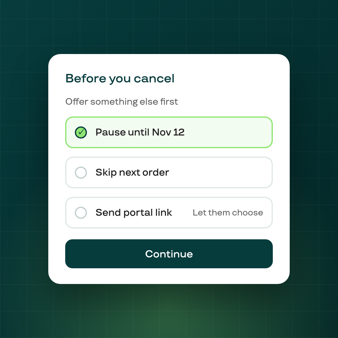The admin Cancel dialog now offers a pause or portal link before it cancels