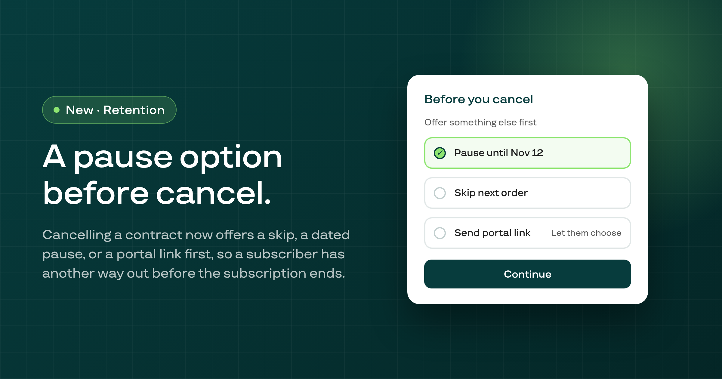 The admin Cancel dialog now offers a pause or portal link before it cancels