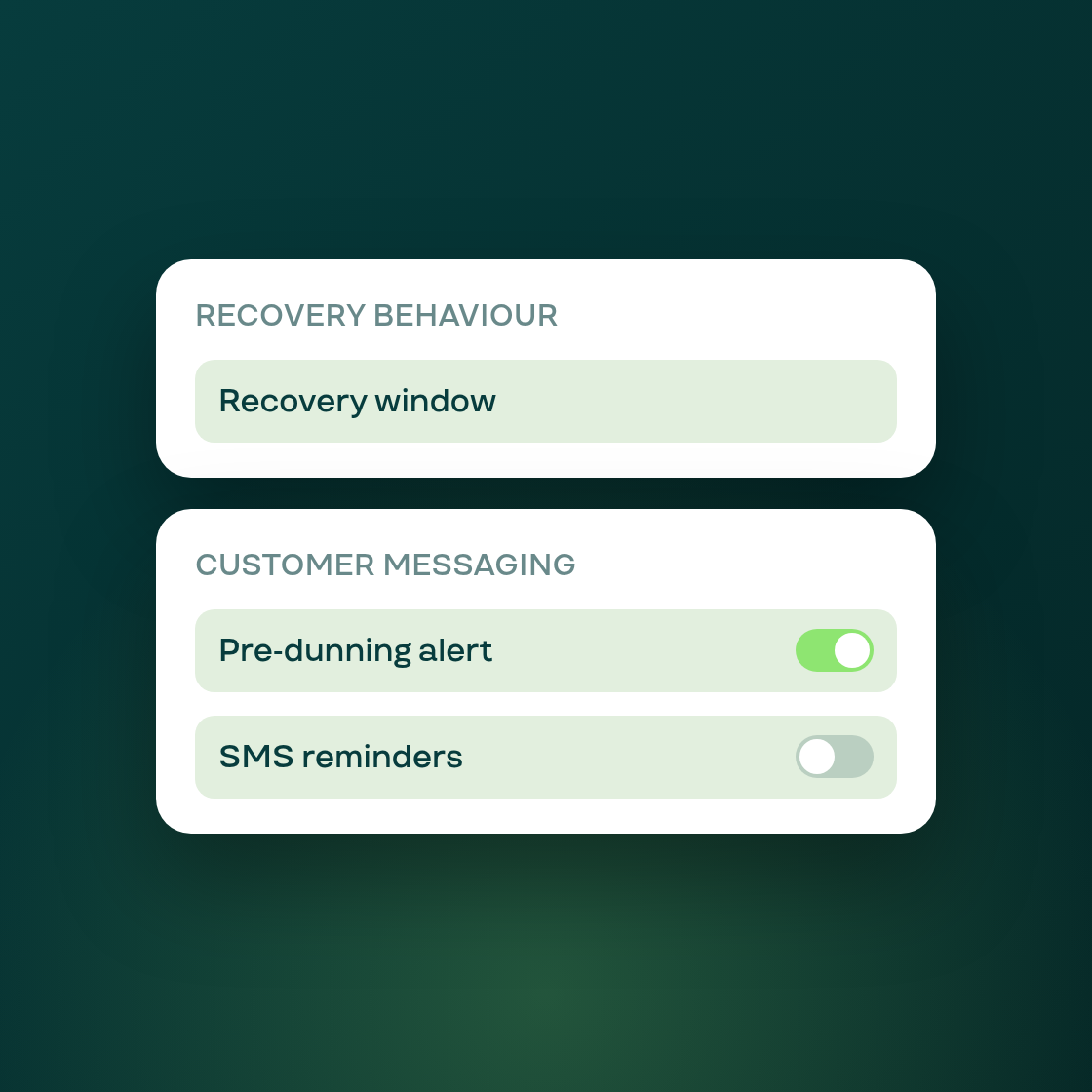 Payment recovery settings, reorganized into two clear sections
