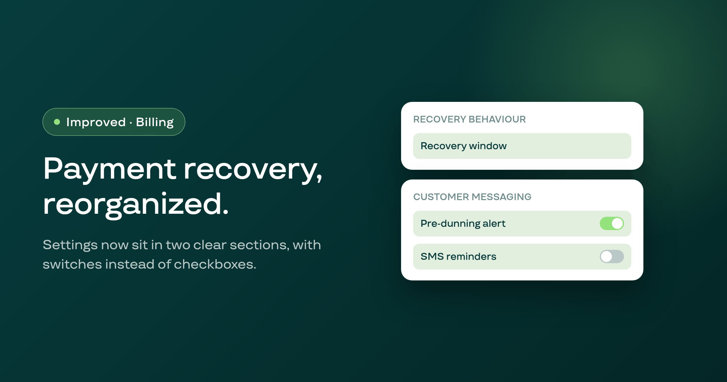 Payment recovery settings, reorganized into two clear sections