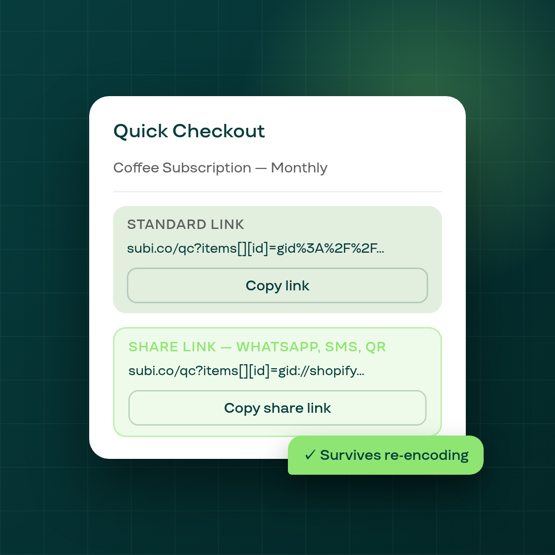 Quick Checkout — share links that work in WhatsApp, SMS, and QR codes