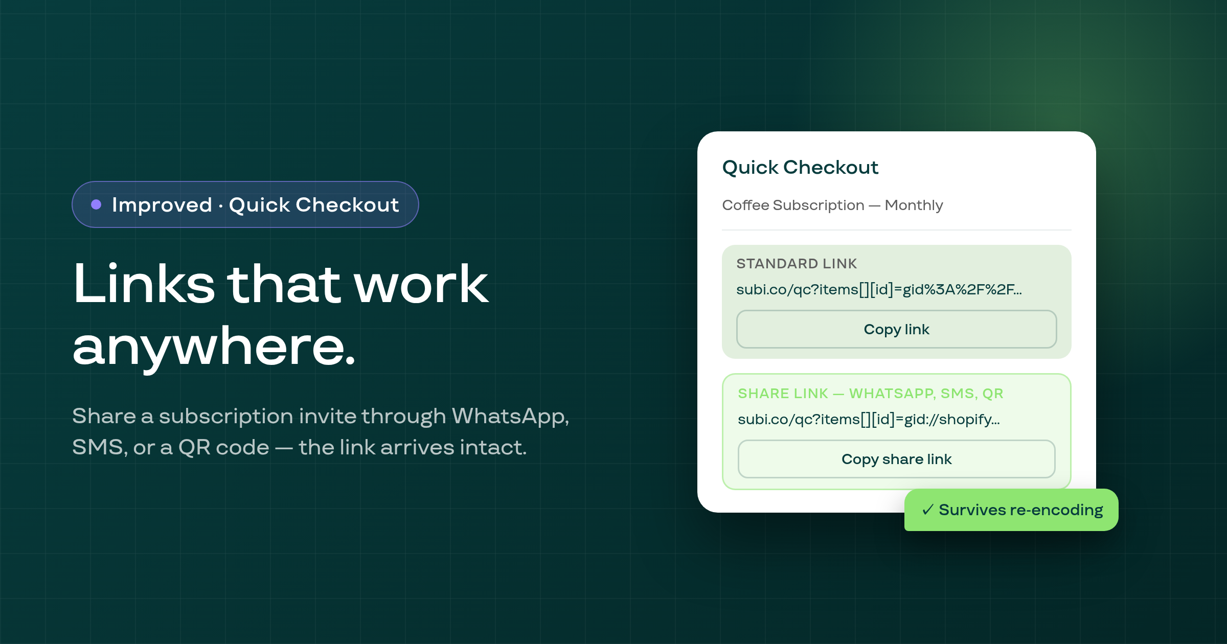 Quick Checkout — share links that work in WhatsApp, SMS, and QR codes