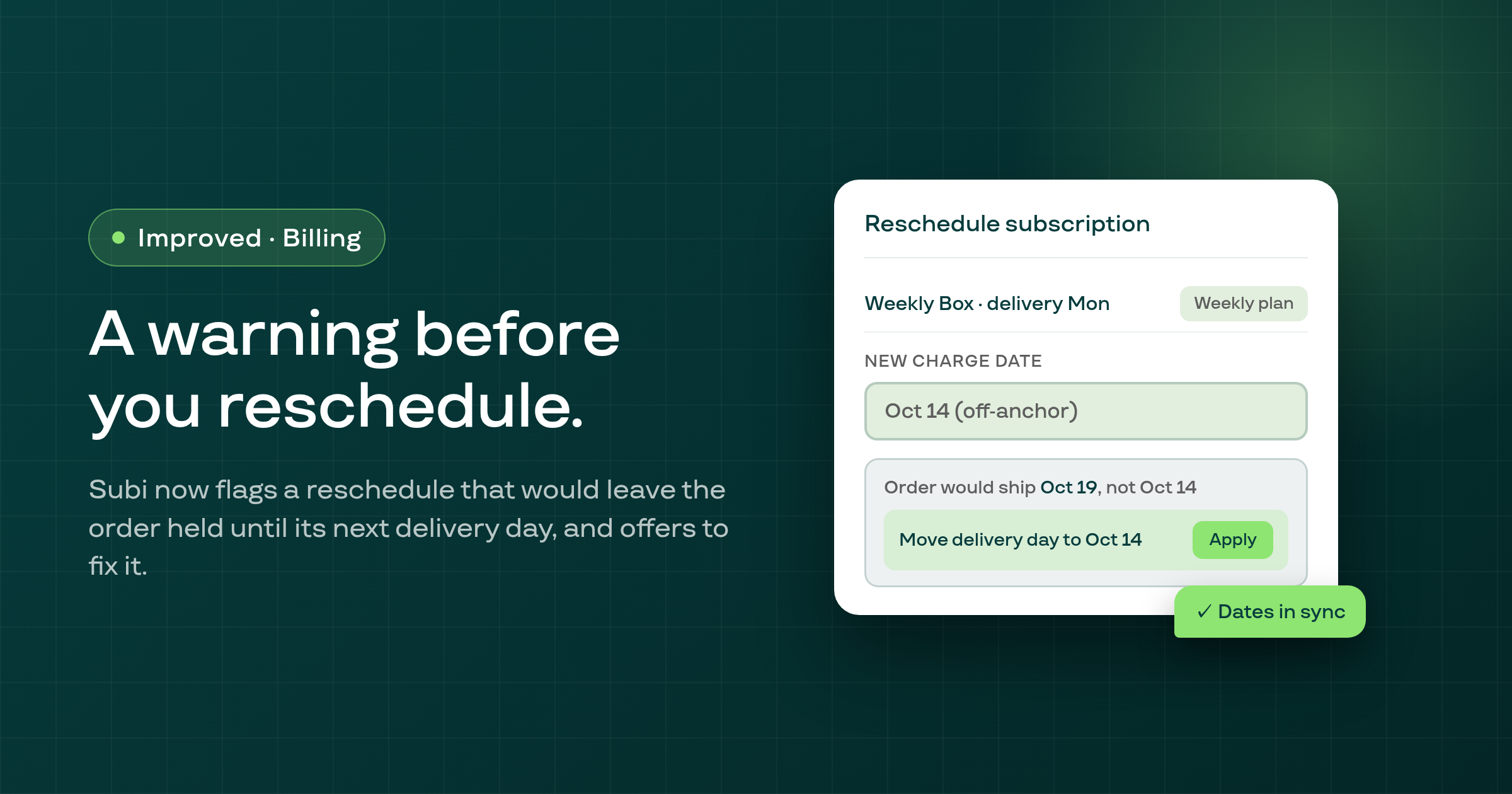 Rescheduling a subscription now warns you when Shopify would hold the order