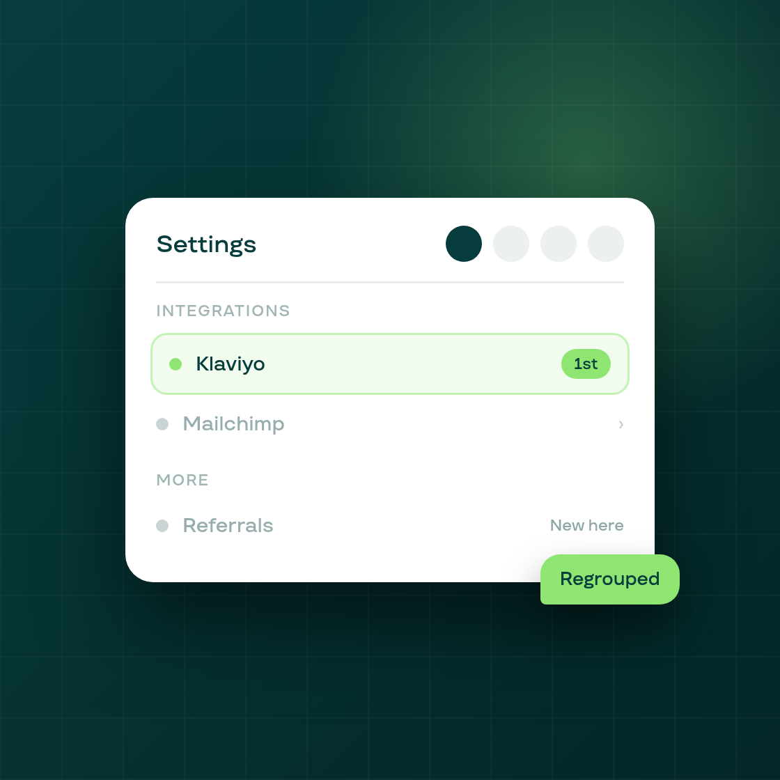 Settings menu regrouped, with Klaviyo leading on Integrations