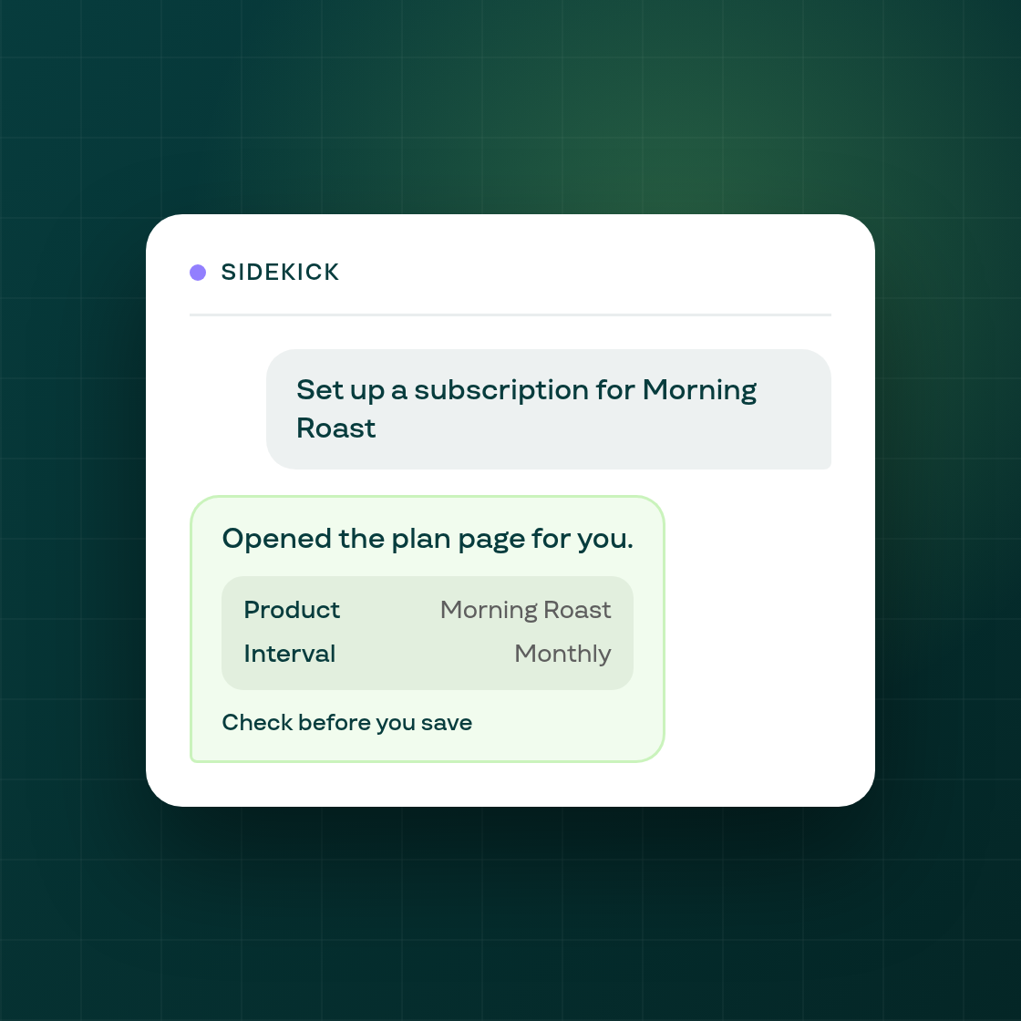 Ask Shopify's Sidekick to set up a subscription plan for you