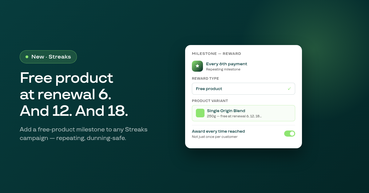 Give subscribers a free product on their Nth renewal with Streaks